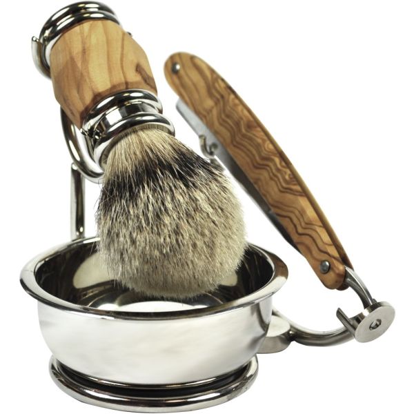 Gold Dachs Rasierset Olivenholz mit Rasiermesser Seifenschale und Rasierpinsel  Zupfhaar