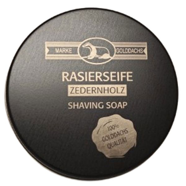 Golddachs Rasierseife Zedernholz  in Aluminium Dose schwarz mit Laserdruck