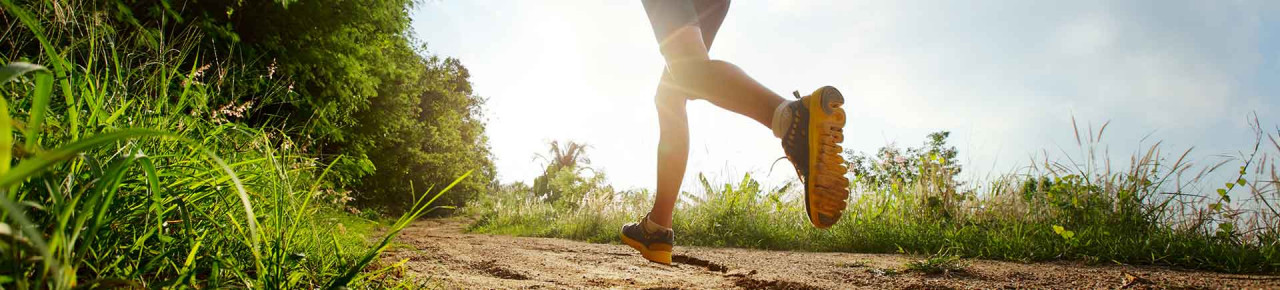 Ein Ausschnitt von den Beinen einer Joggerin, die auf einem Sandweg am Randes eines sehr grünen Waldes läuft