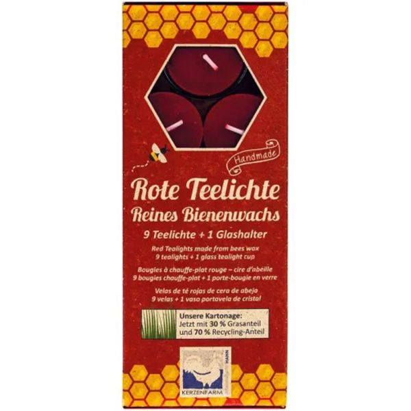 Kerzenfarm Hahn Bienenwachs Teelichte rot mit Glashalter