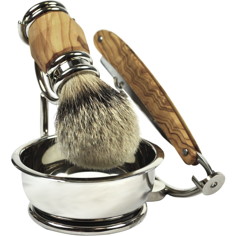 Set de rasage Gold Dachs en bois d'olivier avec rasoir, porte-savon et blaire... - Blaireau doré