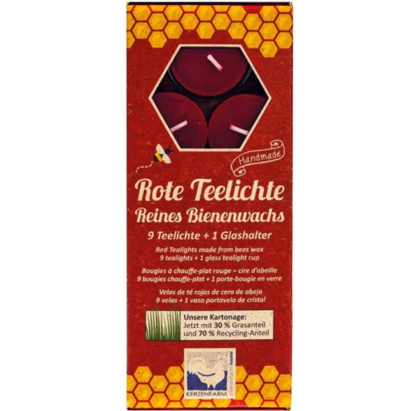 Kerzenfarm Hahn Bienenwachs Teelichte rot mit Glashalter Kerzenfarm Hahn Bienenwachs Teelichte rot mit Glashalter